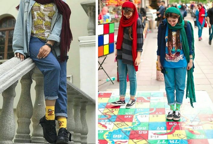 استایل هنری با با جوراب های رنگی و شال هنری